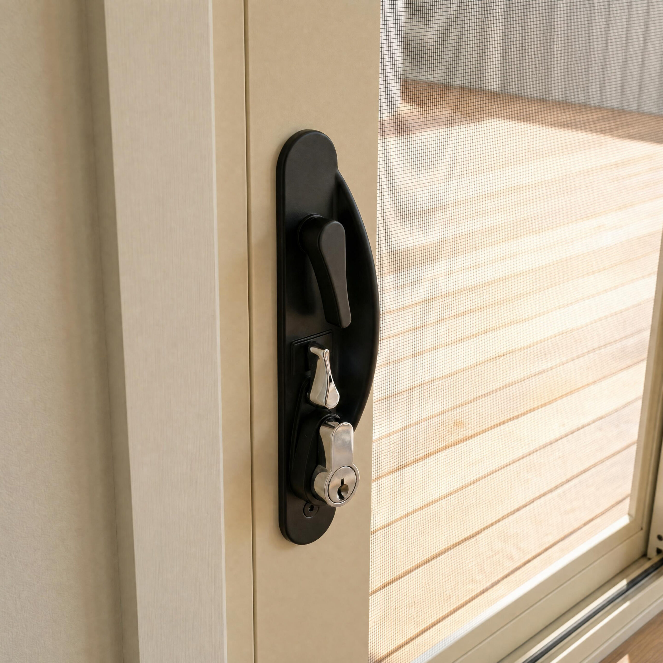 Lenlok Sliding Screen Door Lock mounted on a sliding security screen door